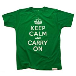 Front pic of 'Keep Calm and Carry On' Men's T-Shirt, White on Green