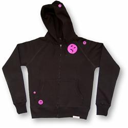 Front pic of 'Ravemoticons' Men's Zip-Thru Hood, Hot Pink on Black